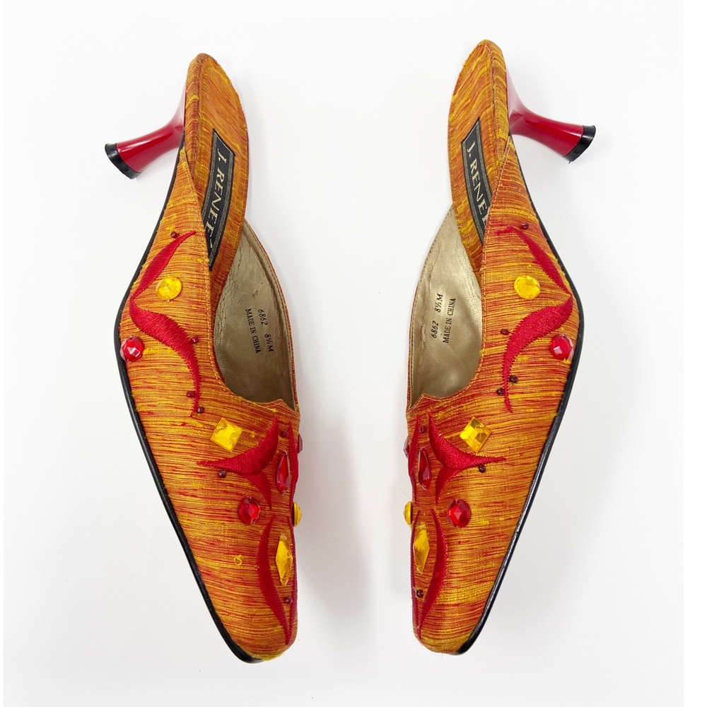 Vintage J. Renee red orange beaded raw silk mules